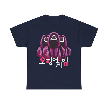 Sophisticated Squid Game Unisex Men’s Women’s Graphic T-Shirt Tee in deep navy, adorned with alluring purple hooded figures and unique white and pink Korean characters, designed for those who appreciate stylish narratives.