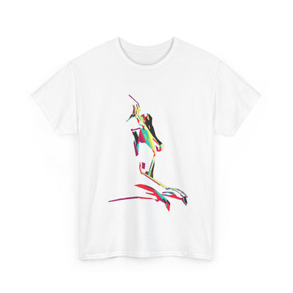 Elegant white t-shirt adorned with a captivating graphic of a woman's form, combining high-quality fabric with a modern, colourful aesthetic.