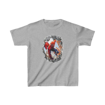 Chic Unisex Kids Spider-Man Cotton T-Shirt in grey showcasing Spider-Man bursting through a wall, a must-have for trendy children.