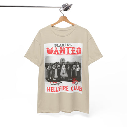 Elegant presentation of a beige Hellfire Club t-shirt, showcasing a striking graphic design with 'PLAYERS WANTED' and 'HELLFIRE CLUB' emblazoned across the front, perfect for style-conscious fans of the nostalgic series.
