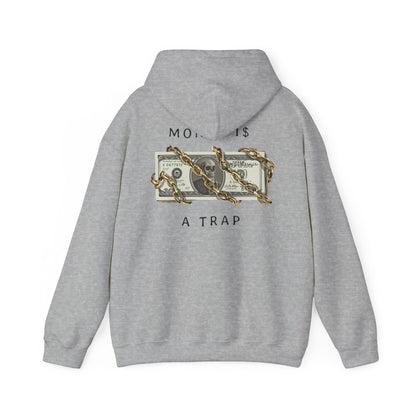 Luxurious grey hoodie featuring a bold back print of chains and financial symbolism, embodying the statement 'Money is a Trap'.