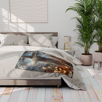Elegant view of a decorative and warm Halloween spooky Arctic fleece blanket elegantly arranged on a bed, featuring intricate Halloween themed artwork.