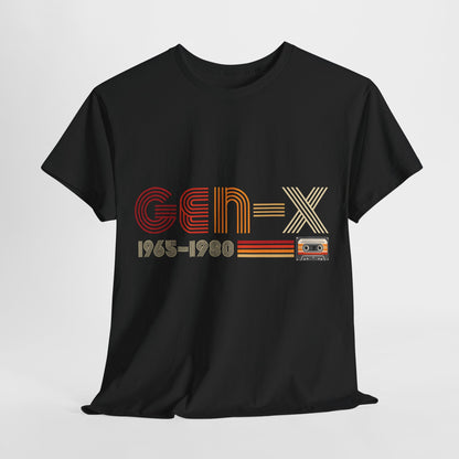 Luxury Gen X 1965 - 1980 Graphic T-Shirt in black featuring bold retro design and iconic cassette tape motifs, perfect for urban fashion enthusiasts.