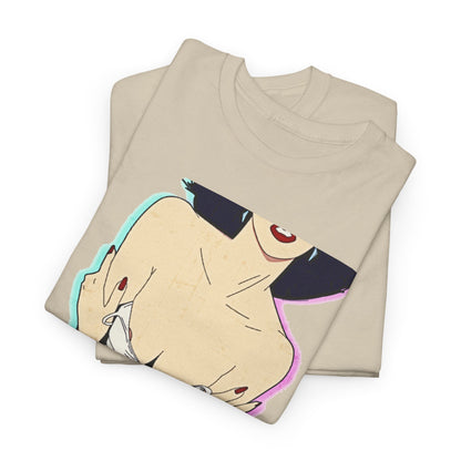 Stylishly folded unisex graphic tee displaying a chic pin-up illustration of a confident woman, ideal for those seeking to blend humour and sophistication in their wardrobe.