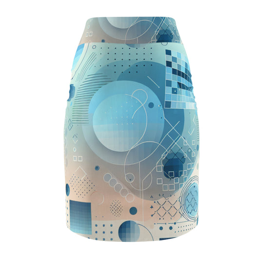 Art-Inspired Abstract Pencil Skirt in Pastel Blues showcasing vibrant abstract prints, ideal for contemporary fashion enthusiasts seeking elegance and comfort.