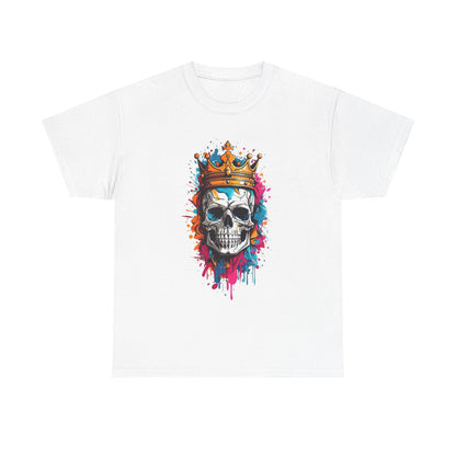Refined white t-shirt featuring a captivating skull design with a golden crown, enriched by an artistic play of blue, pink, and orange, designed for the fashionable individual.