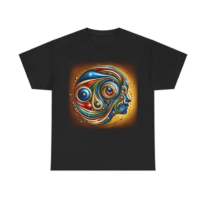 Stained Glass Dreams Unisex T-Shirt featuring an abstract artistic design of a human face with vibrant colours and geometric elements, exuding luxury and style.