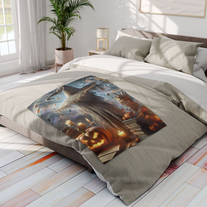 Cozy decorative and warm Halloween spooky Arctic fleece blanket displayed on a bed, showcasing vibrant Halloween designs with pumpkins and candles.