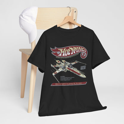 Hot Wings Starfighter T-Shirt paired with a white cap, elegantly arranged on a chair, showcasing a stylish vintage design perfect for casual outings or gift-giving.