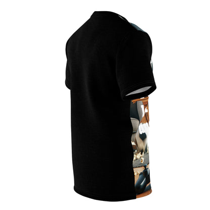 Close-up of the Unsupervised Chaos Tee by Dazzling Dreams Studio, highlighting the luxurious fabric and vibrant design of the playful cat scene in a stylish living room.