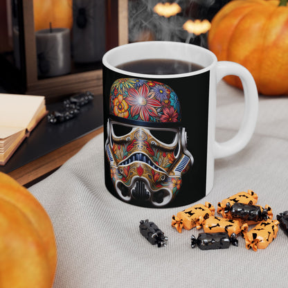 Artistic Floral Stormtrooper Mug – beautifully styled coffee mug with a blooming Stormtrooper design, complemented by festive decor for an inviting atmosphere.