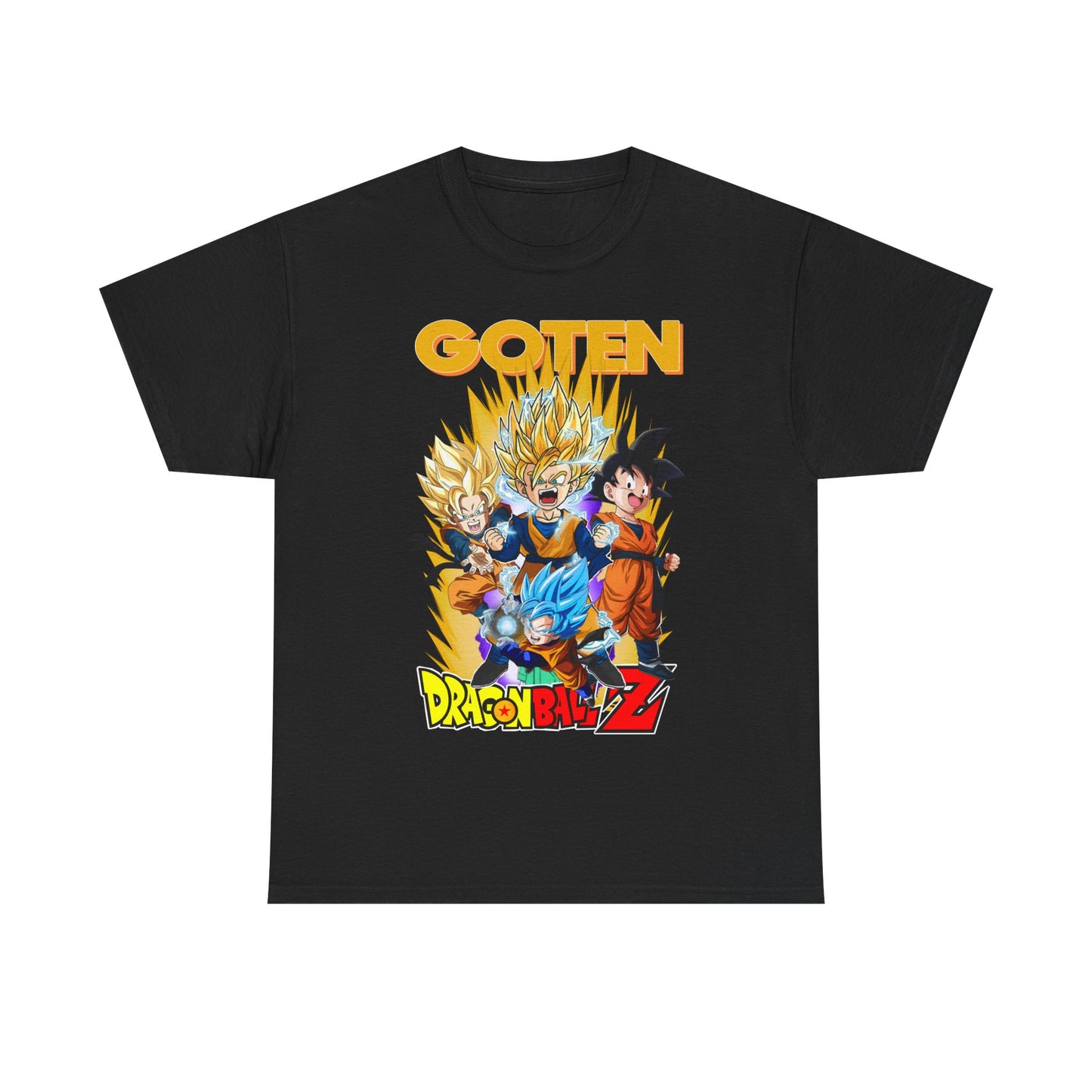Refined black Dragon Ball Z Goten T-shirt highlighting vibrant illustrations of key characters in a dramatic energy backdrop, perfect for discerning fans.