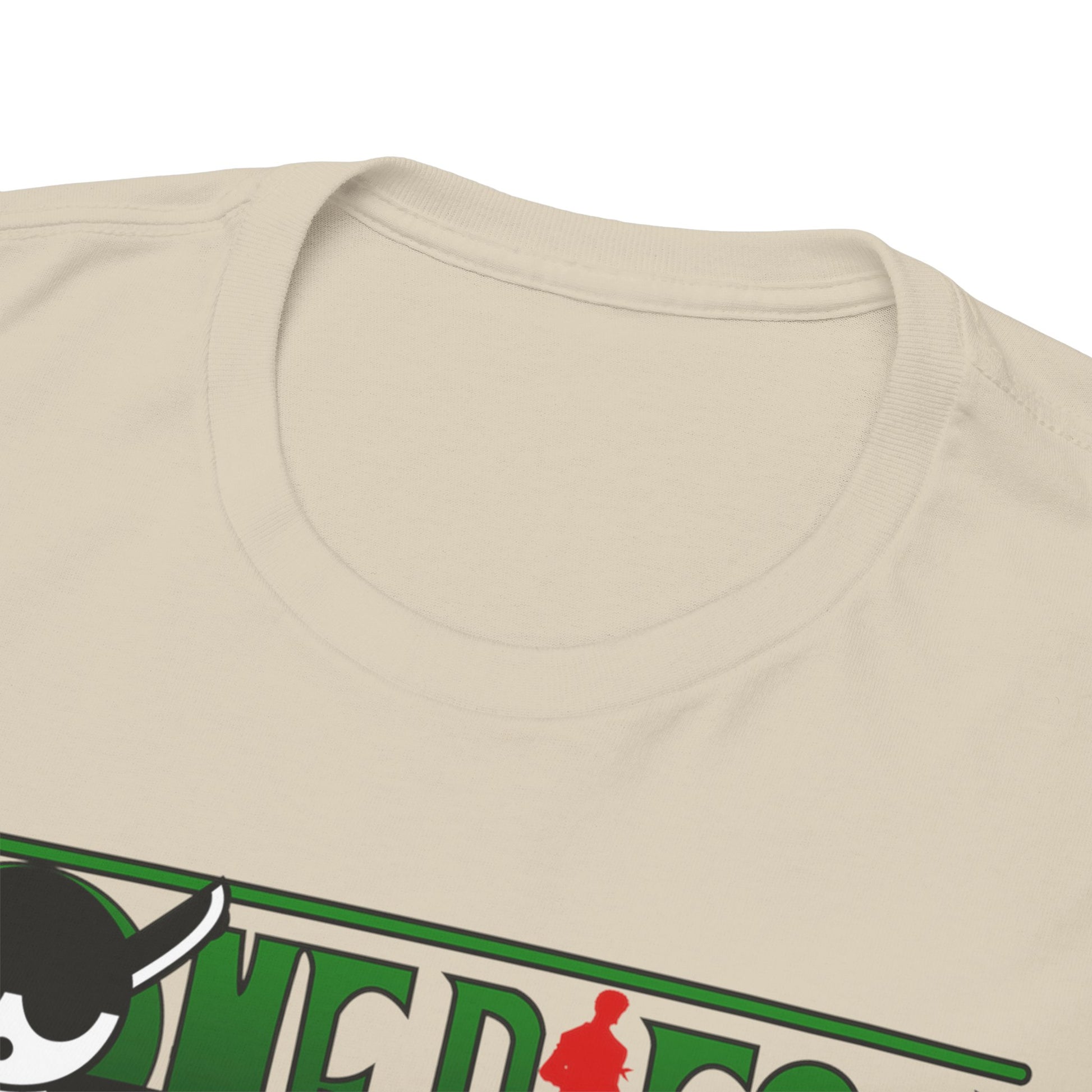 Close-up view of the neckline of a Roronoa Zoro T-shirt, revealing the high-quality fabric and stylish design, an ideal choice for discerning anime lovers.