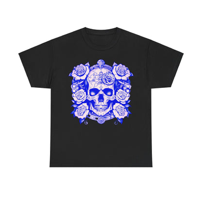 Skulls and Roses Cotton Tee in black, a premium unisex graphic shirt with an elaborate steampunk design of skulls entwined with elegant roses.