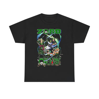 Elegant One Piece Men's T-Shirt in black showcasing a vibrant Zoro graphic, designed for anime fans who appreciate high-quality urban fashion.