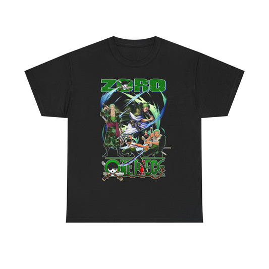 Elegant One Piece Men's T-Shirt in black showcasing a vibrant Zoro graphic, designed for anime fans who appreciate high-quality urban fashion.