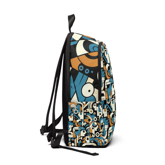 Close-up of the Luminous Minimalism Spectrum Backpack's avant-garde design elements, featuring vibrant colours and unique graphics from Dazzling Dreams Studio.