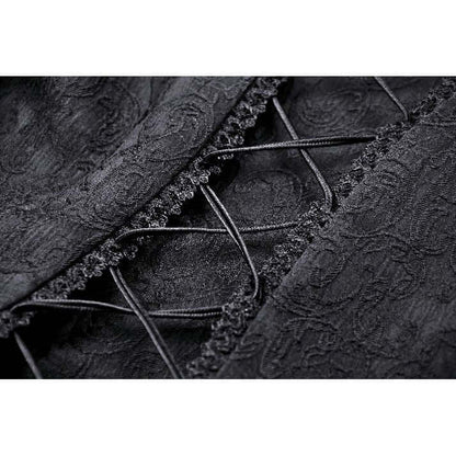 Full view of Dark in Love Felicity Tailcoat Shirt on a mannequin, highlighting the unique peplum design and sheer bust for a truly elegant gothic look.