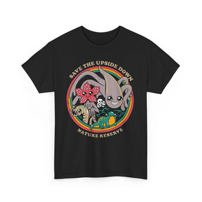 Stranger Things Funny Men's Women's Graphic T-Shirt featuring whimsical designs of quirky creatures with the slogan 'Save the Upside Down' in vibrant colors on a black backdrop, perfect for fans of playful urban fashion.
