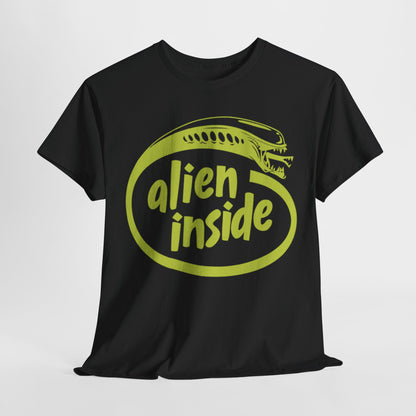 Luxurious Alien Inside Intel Parody Unisex T-Shirt, featuring a striking lime green alien design within an oval logo, perfect for both men and women who appreciate high-quality, playful graphic tees.