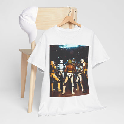 Luxurious white Men's T-shirt displayed on a wooden hanger alongside a chic cap, featuring a bold Stormtrooper graphic ideal for casual wear.