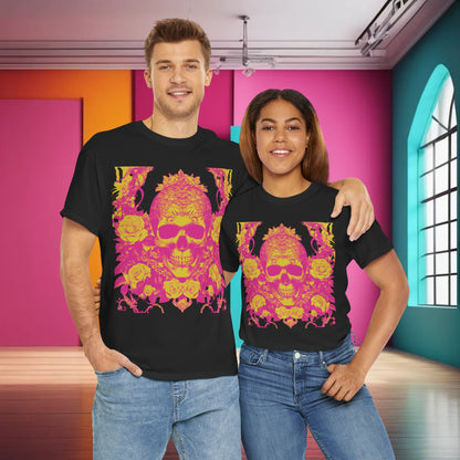A fashionable couple wearing the Skulls and Roses Cotton Tee, Unisex Graphic Shirt, in a vibrant setting that accentuates the unique design.