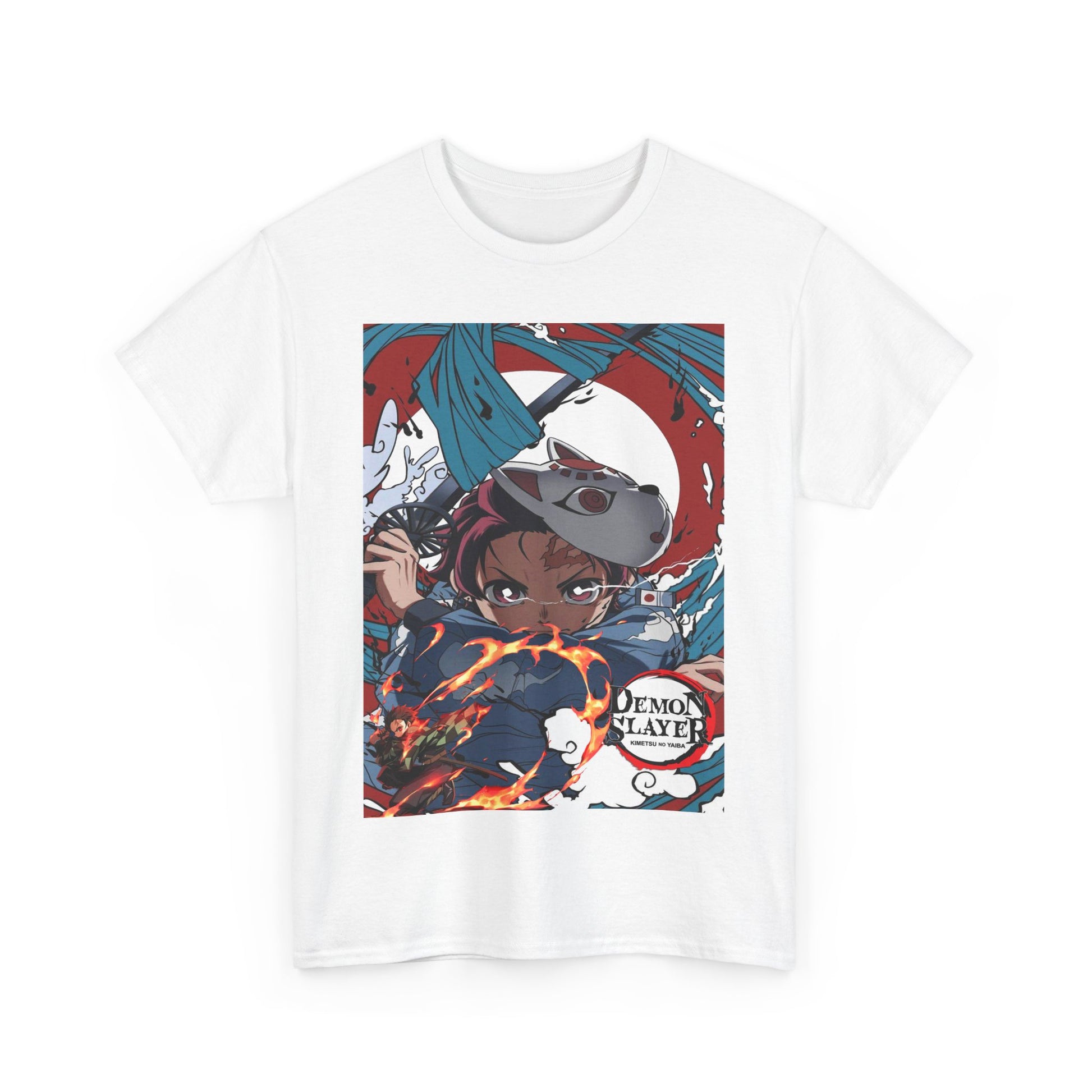 Elegant white t-shirt featuring a dynamic print of a fierce anime character from Demon Slayer, embodying energy and determination. The art showcases vibrant flames and a stylised fox mask, representing the essence of courage and adventure in the world of demons. Ideal for anime enthusiasts seeking a luxurious and stylish statement piece.