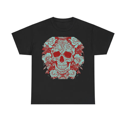 Chic Skulls and Roses Cotton Tee in classic black, highlighting a stunning graphic that blends elegance with edgy style for unisex appeal.