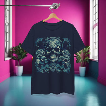 Front view of the elegant Skulls and Roses Cotton Tee, featuring a detailed skull and rose design, perfect for making a bold fashion statement.