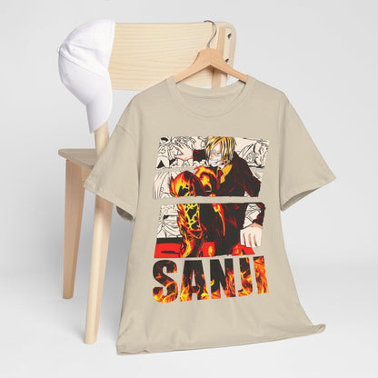 Stylish graphic tee displayed with a white cap, highlighting an eye-catching design of Sanji in a striking pose, perfect for anime enthusiasts.