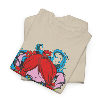 Luxurious men's artistic t-shirt featuring a vibrant skull with flowing red hair and floral motifs, perfect for bold fashion statements.