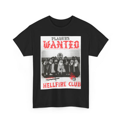 Elegant black tee embellished with a vintage graphic depicting the Hellfire Club, featuring 'PLAYERS WANTED' in vibrant red, ideal for enthusiasts of Stranger Things and classic gaming culture.