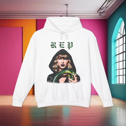 Elegant white unisex cotton hoodie for Swifties showcasing a striking design with a pop icon holding a green snake, ideal for fashion-forward fans.