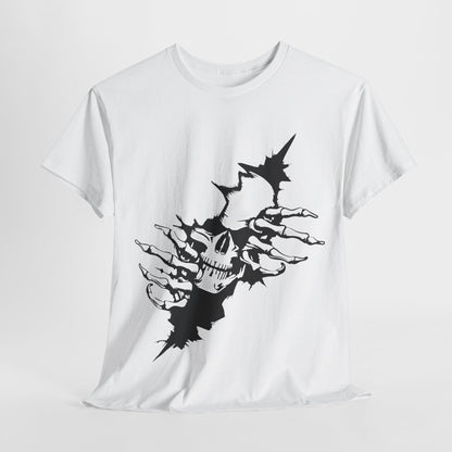 Unisex Ripped Skull Graphic Tee - Bold black and white design depicting a skull with skeletal hands emerging from a torn background, embodying resilience and defiance.