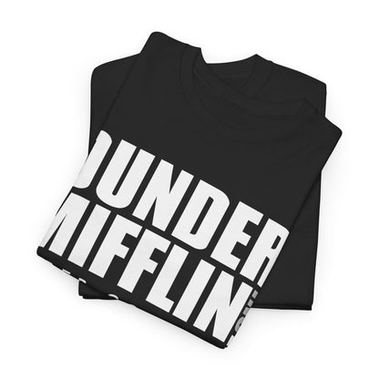 The Office Dunder Mifflin Logo Graphic T-Shirt in luxurious black, showcasing bold white lettering for a sophisticated urban unisex style.