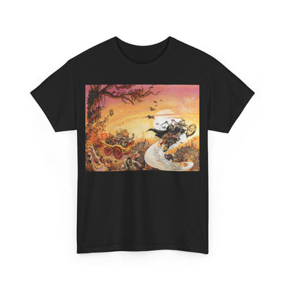 Front view of the Discworld Soul Music Graphic Unisex T-Shirt featuring the iconic album cover art in vibrant colours.