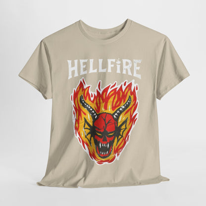 Luxurious unisex Hellfire Club graphic T-shirt in beige featuring a bold red and yellow flame design and an intricate demon-inspired graphic, perfect for fashion enthusiasts and fans of vintage gaming aesthetics.