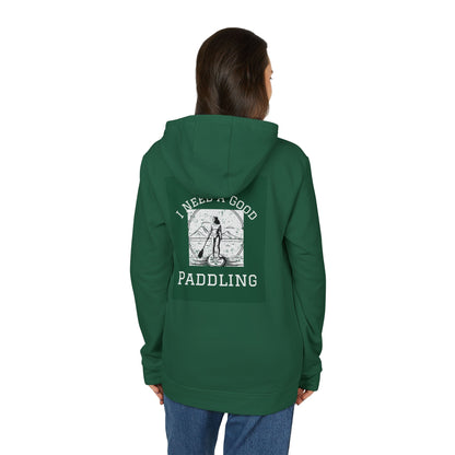 Adidas Women’s Fleece "I Need a Good Paddling" Hoodie in elegant green, showcasing a stylish design with a vintage paddleboarding graphic, perfect for outdoor enthusiasts.