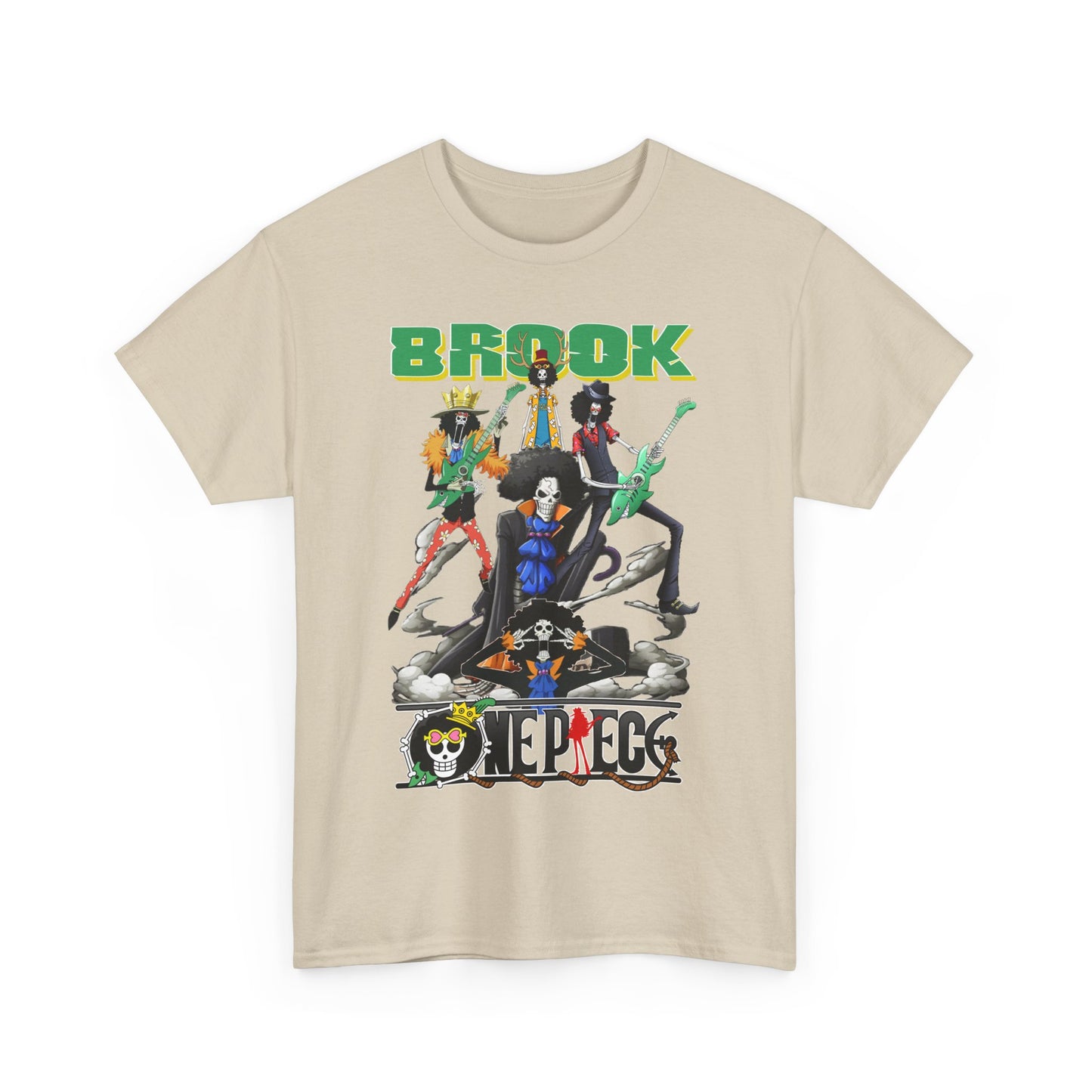Stylish beige t-shirt featuring an electrifying graphic of Brook and crew from an iconic anime, perfect for adventure enthusiasts.