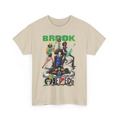 Stylish beige t-shirt featuring an electrifying graphic of Brook and crew from an iconic anime, perfect for adventure enthusiasts.