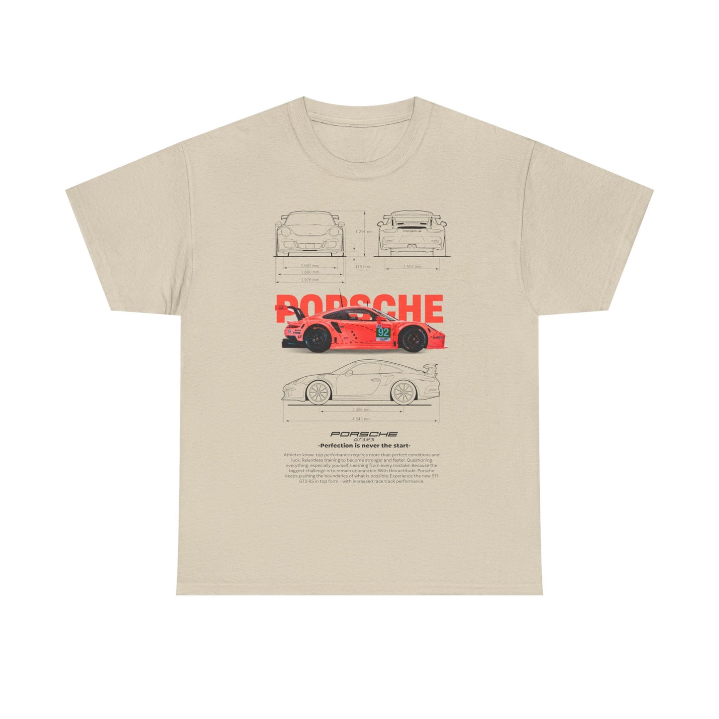 Luxury men's t-shirt featuring a coral-pink Porsche race car graphic with technical outlines and inspiring tagline, perfect for motorsport enthusiasts.