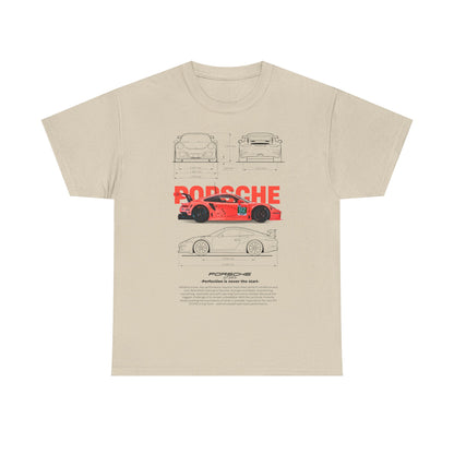 Luxury men's t-shirt featuring a coral-pink Porsche race car graphic with technical outlines and inspiring tagline, perfect for motorsport enthusiasts.