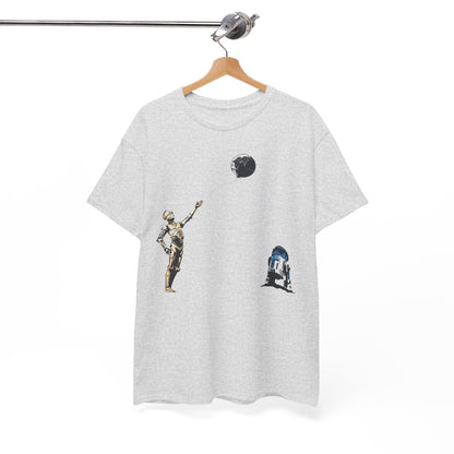 Luxurious Star Wars T-Shirt featuring C-3PO and R2-D2 alongside a playful Death Star balloon design, elegantly displayed on a wooden hanger.