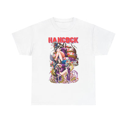 Elegant white men's t-shirt showcasing an eye-catching Hancock graphic artwork, designed for stylish anime lovers.