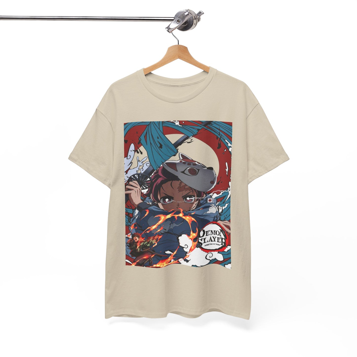 Elegant beige t-shirt displayed on a hanger, adorned with a striking anime illustration from Demon Slayer, featuring vibrant colours and thematic elements of fire and determination.