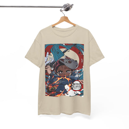 Elegant beige t-shirt displayed on a hanger, adorned with a striking anime illustration from Demon Slayer, featuring vibrant colours and thematic elements of fire and determination.