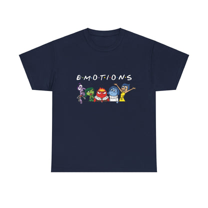 Inside Out Friends Humorous Graphic Unisex Tee Shirt in navy blue showcasing lively emotions characters: Joy, Sadness, Anger, Fear, and Disgust.