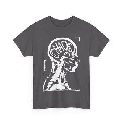CHAOS Graphic Unisex T-Shirt in Premium Cotton featuring an artful black and white X-ray design of a human head with the word 'CHAOS' depicted inside, ideal for stylish self-expression.