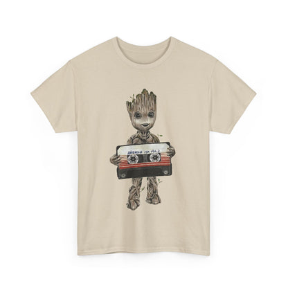 Baby Groot Awesome Mixtape Unisex Men’s Women’s Graphic T Shirt Tee in beige, showcasing a charming Baby Groot design with an audio cassette, a must-have for Marvel fans.