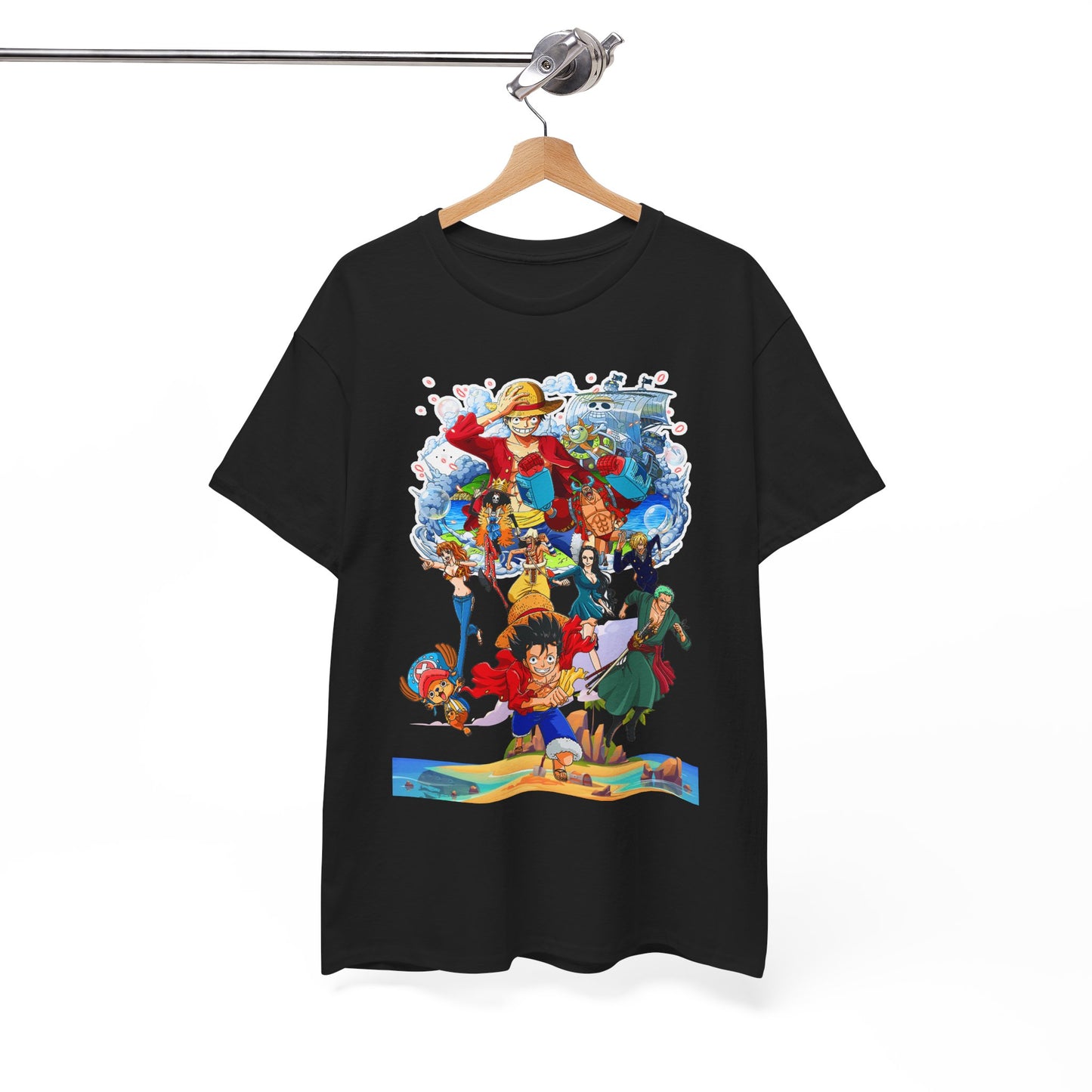 Stylish black men's t-shirt elegantly displayed on a hanger, featuring a stunning anime graphic of iconic characters, ideal for fashionable anime enthusiasts.